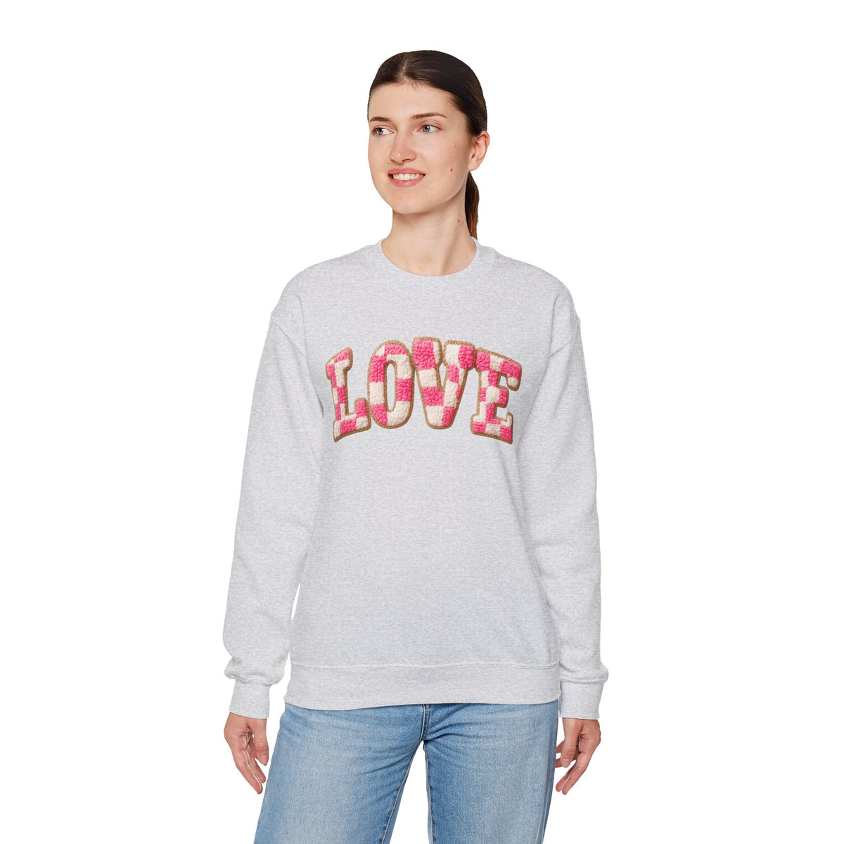 Faux Crochet Checkered LOVE – Gildan Heavy Blend | Trendy Women’s Soft Sweatshirt. Direct to Garment. Printed & Shipped in the USA. Unisex Sizes.