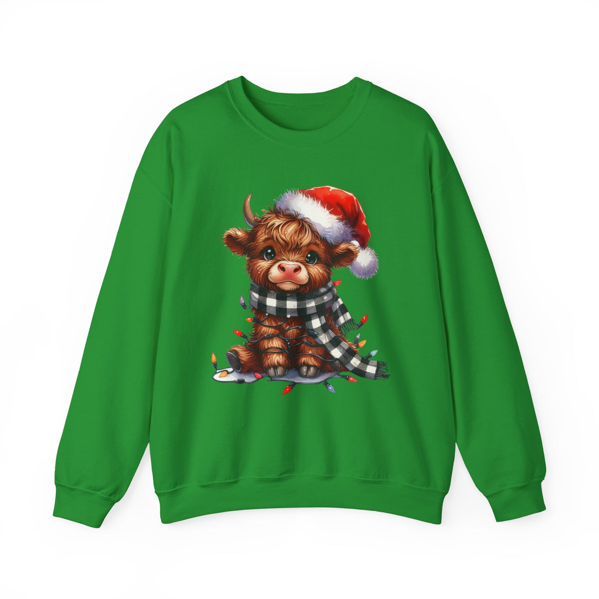 Cute Highland Cow Santa Hat Scarf Christmas Lights – Gildan Heavy Blend | Trendy Women’s Soft Sweatshirt. Direct to Garment. Printed & Shipped in the USA. Unisex Sizes.