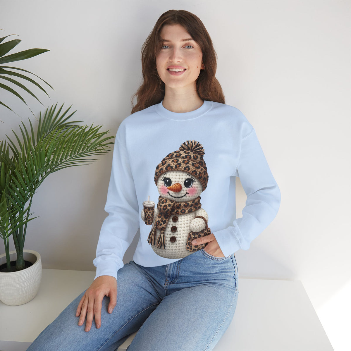 Leopard Snowman - Leopard Purse, Drink, Hat & Scarf – Gildan Heavy Blend | Trendy Women’s Soft Sweatshirt. Direct to Garment. Printed & Shipped in the USA. Unisex Sizes.