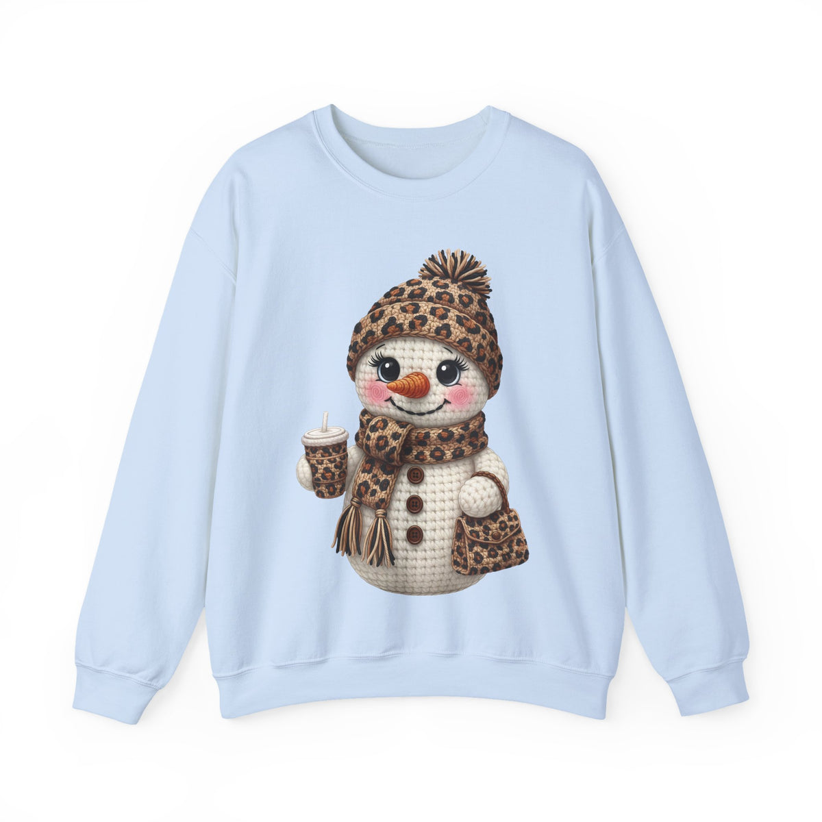 Leopard Snowman - Leopard Purse, Drink, Hat & Scarf – Gildan Heavy Blend | Trendy Women’s Soft Sweatshirt. Direct to Garment. Printed & Shipped in the USA. Unisex Sizes.