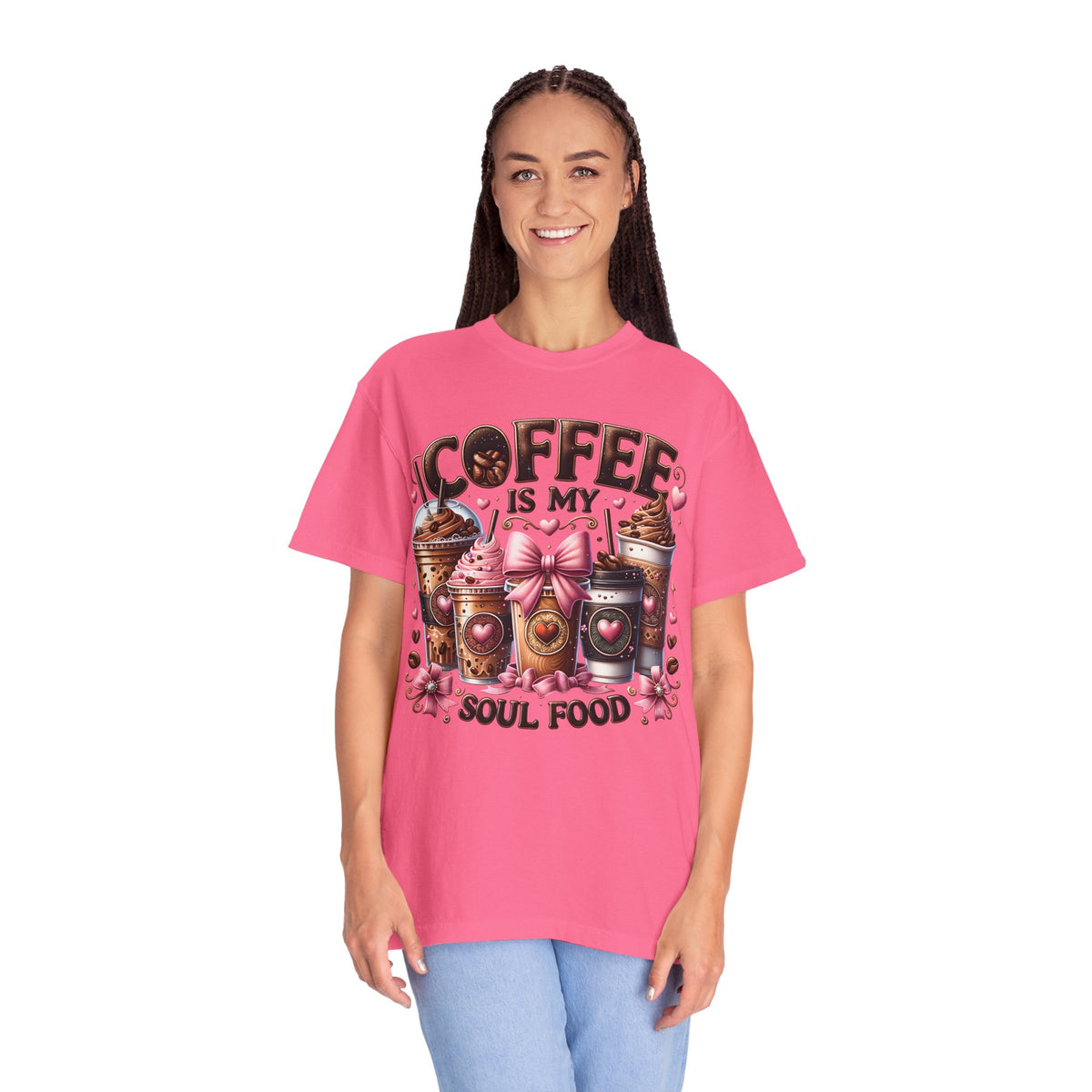 Coffee Is My Soul Food, Iced Coffee, Pink Bow - Comfort Colors | Trendy Women's T-Shirt. Direct to Garment. Printed & Shipped in the USA. Unisex Sizes.