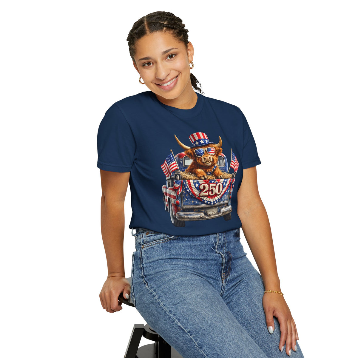 Patriotic Highland, America's 250th Birthday - Comfort Colors | Trendy Women's and Men's T-Shirt. Direct to Garment. Printed & Shipped in the USA. Unisex Sizes.
