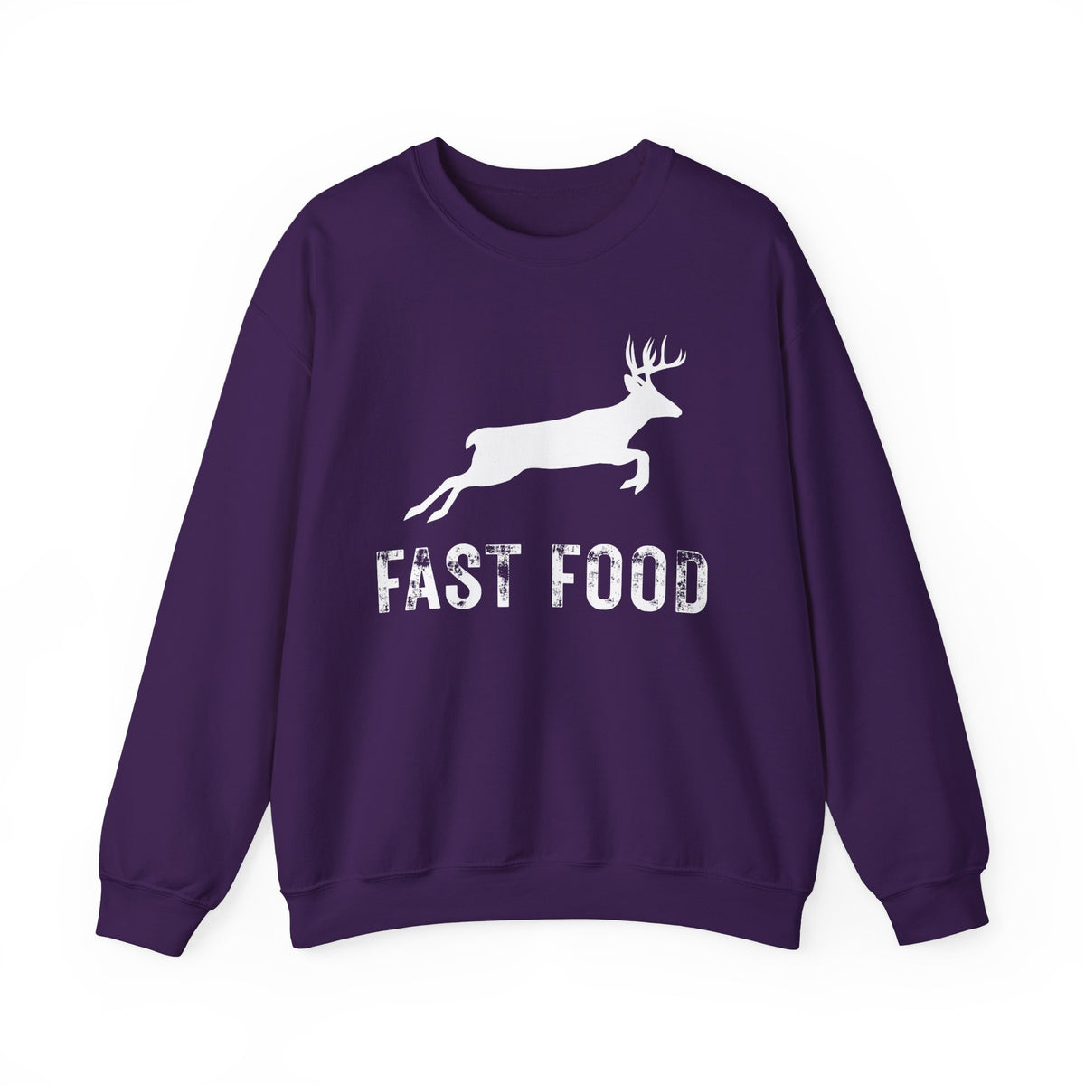 Fast Food Deer Hunting Humor Distressed – Gildan Heavy Blend | Trendy Men's and Women’s Soft Sweatshirt. Direct to Garment. Printed & Shipped in the USA. Unisex Sizes.