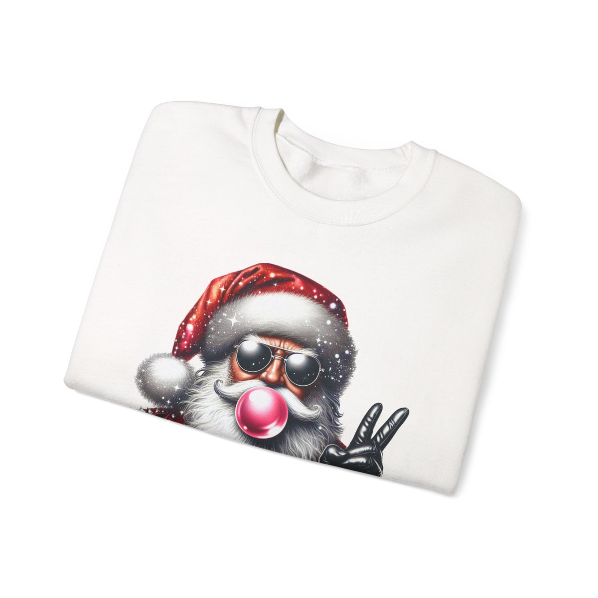 Biker Santa Leather Jacket Bubblegum – Gildan Heavy Blend | Trendy Women’s and Men's Soft Sweatshirt. Direct to Garment. Printed & Shipped in the USA. Unisex Sizes.