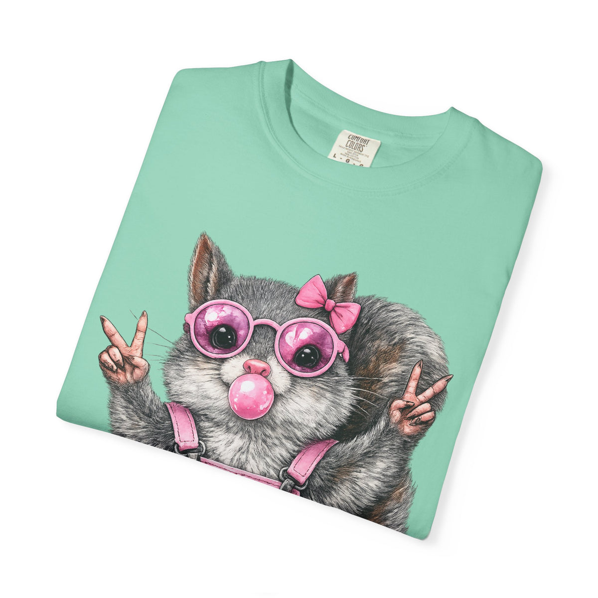 Cute But Feral, Squirrel in Pink Bibs - Comfort Colors | Trendy Women's T-Shirt. Direct to Garment. Printed & Shipped in the USA. Unisex Sizes.