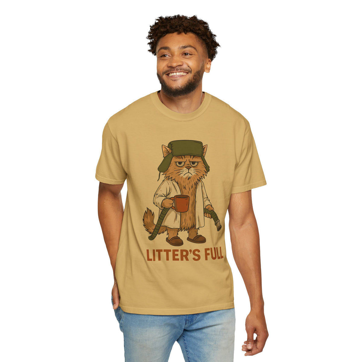 Litter's Full, Funny Cat - Comfort Colors | Trendy Men's and Women's T-Shirt. Direct to Garment. Printed & Shipped in the USA. Unisex Sizes.