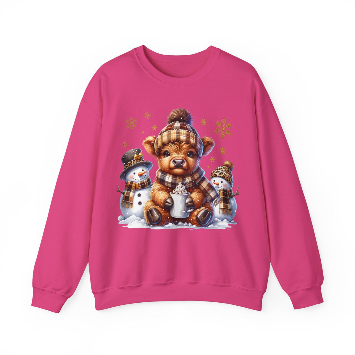 Cute Highland Cow with Snowmen, Winter – Gildan Heavy Blend | Trendy Women’s Soft Sweatshirt. Direct to Garment. Printed & Shipped in the USA. Unisex Sizes.