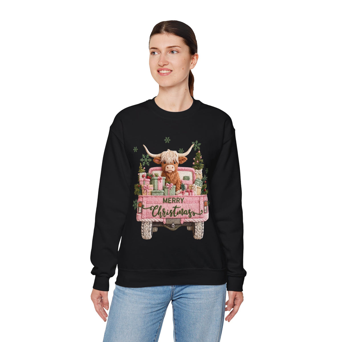 Highland Cow in Pink Truck Merry Christmas Holiday Farmhouse – Gildan Heavy Blend | Trendy Women’s Soft Sweatshirt. Direct to Garment. Printed & Shipped in the USA. Unisex Sizes.