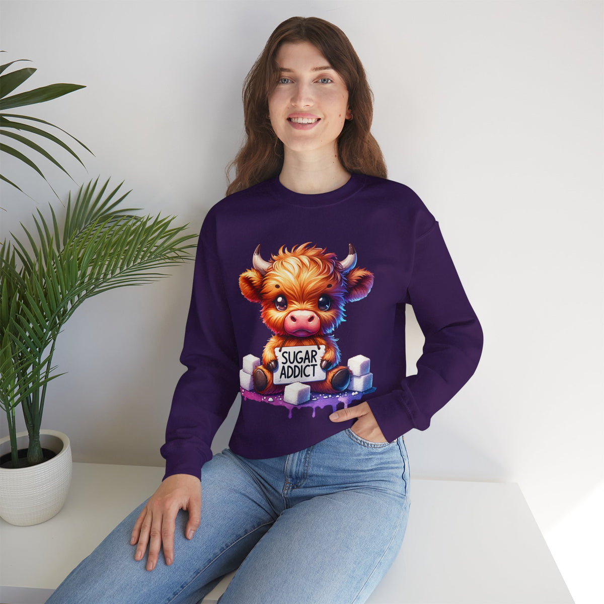 Sugar Addict Highland Cow – Gildan Heavy Blend | Trendy Women’s Soft Sweatshirt. Direct to Garment. Printed & Shipped in the USA. Unisex Sizes.