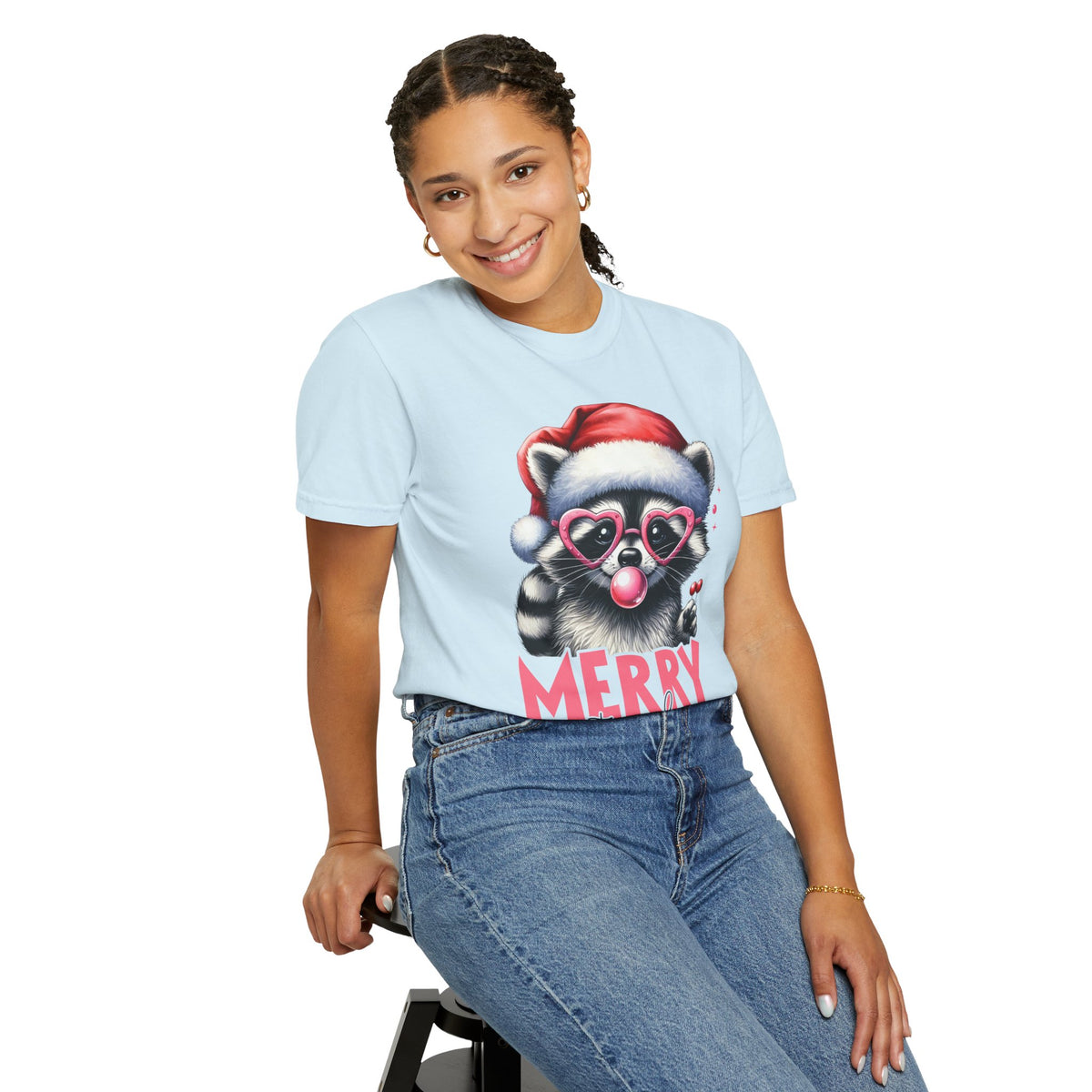 Merry Trashmas Bubblegum Raccoon w/Santa Hat Christmas - Comfort Colors | Trendy Women's T-Shirt. Direct to Garment. Printed & Shipped in the USA. Unisex Sizes.