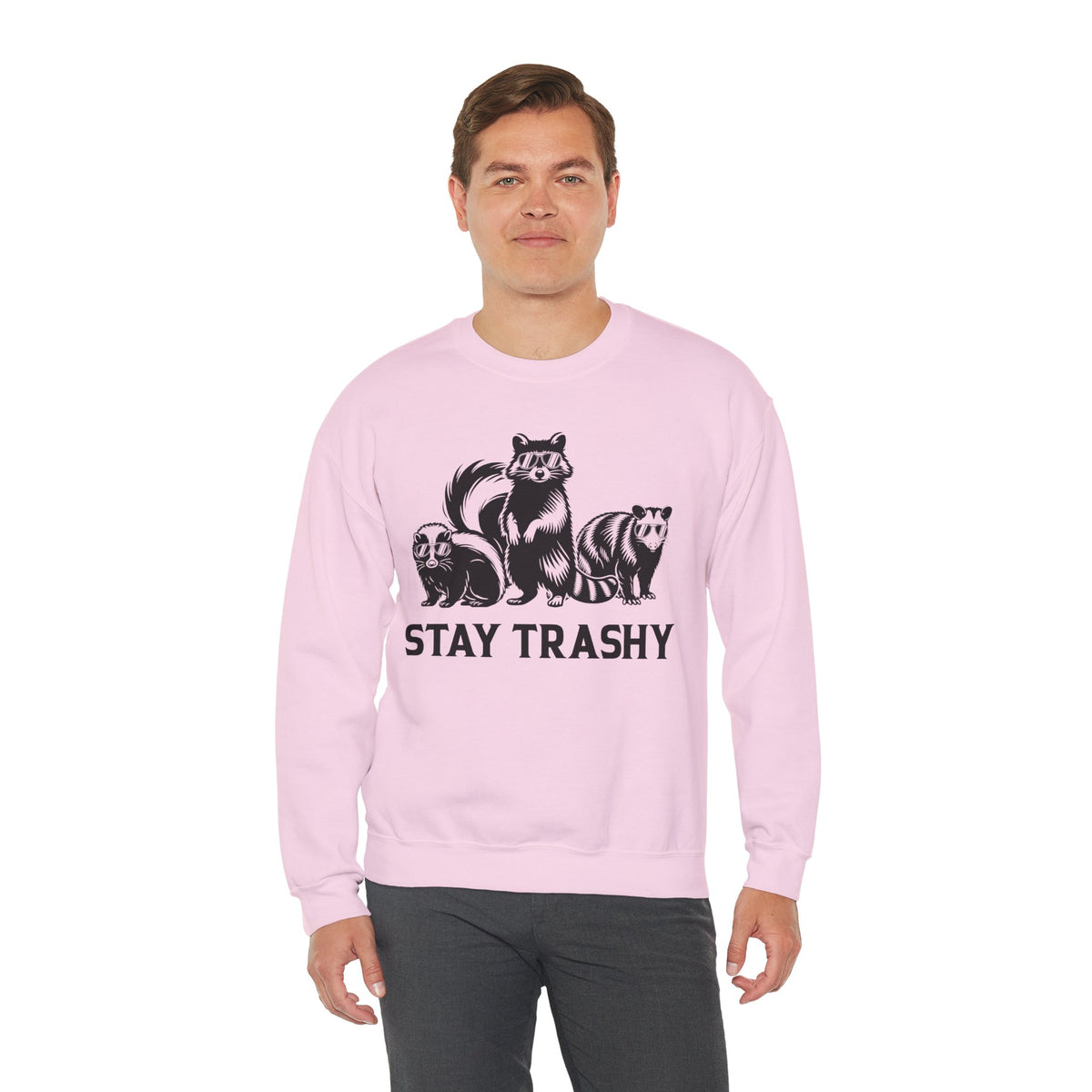 Stay Trashy, Skunk Raccoon Possum – Gildan Heavy Blend | Trendy Women’s and Men's Soft Sweatshirt. Direct to Garment. Printed & Shipped in the USA. Unisex Sizes.