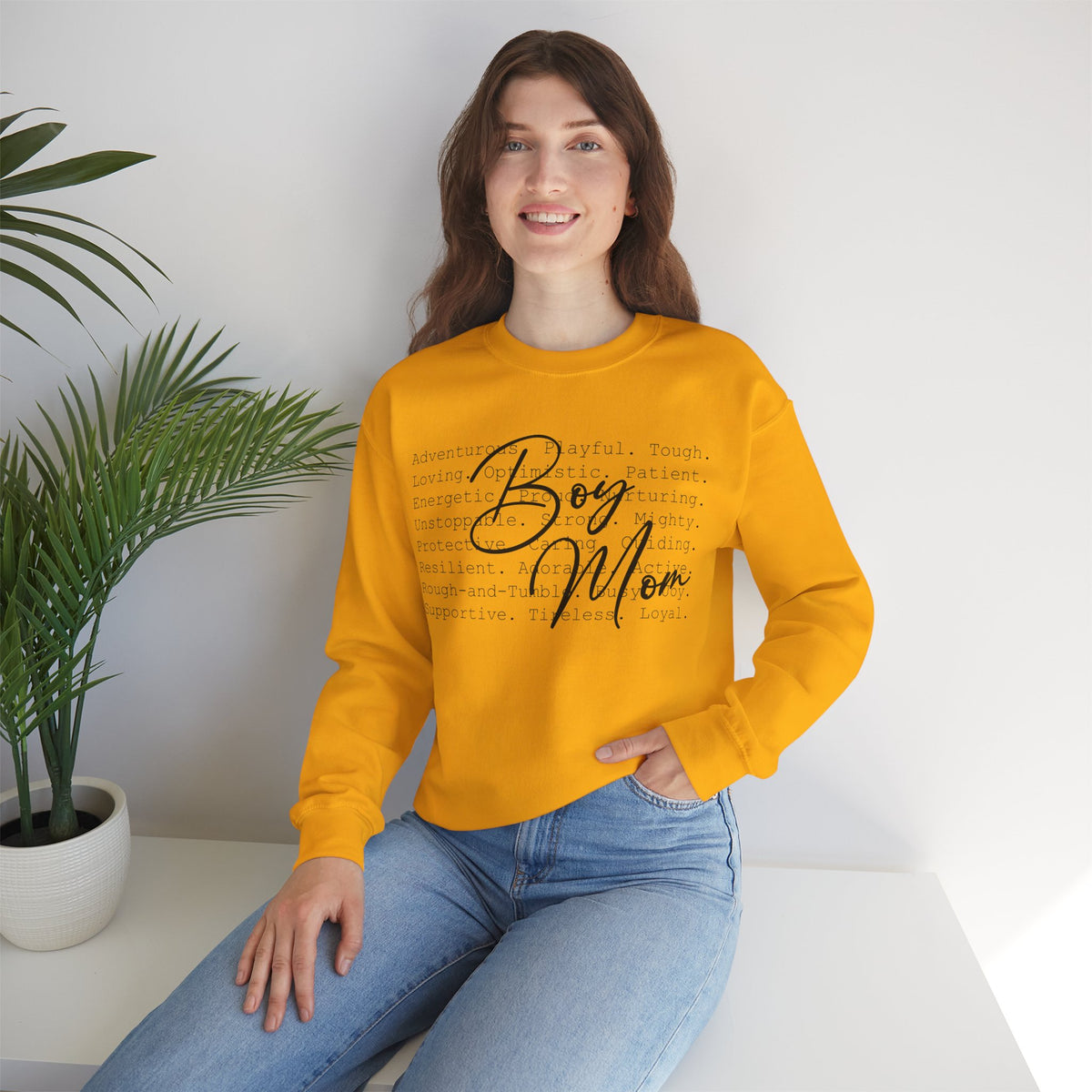 Boy Mom Typography – Gildan Heavy Blend | Trendy Women’s Soft Sweatshirt. Direct to Garment. Printed & Shipped in the USA. Unisex Sizes.