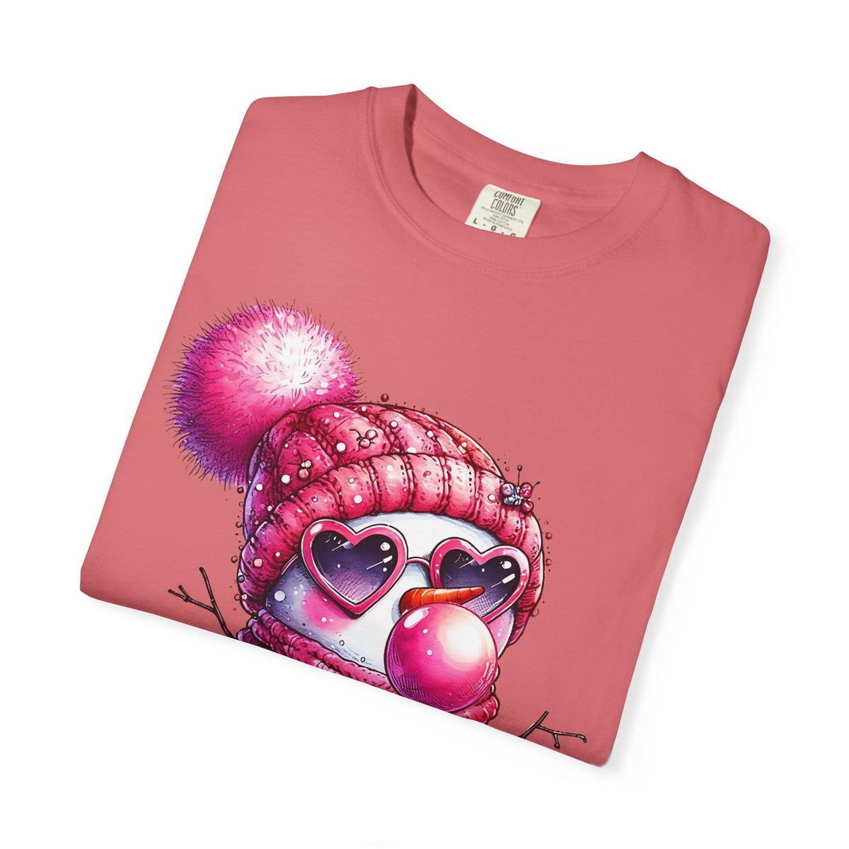 Pink Girly Snowman with Heart Sunglasses and Bubblegum Winter - Comfort Colors | Trendy Women's T-Shirt. Direct to Garment. Printed & Shipped in the USA. Unisex Sizes.