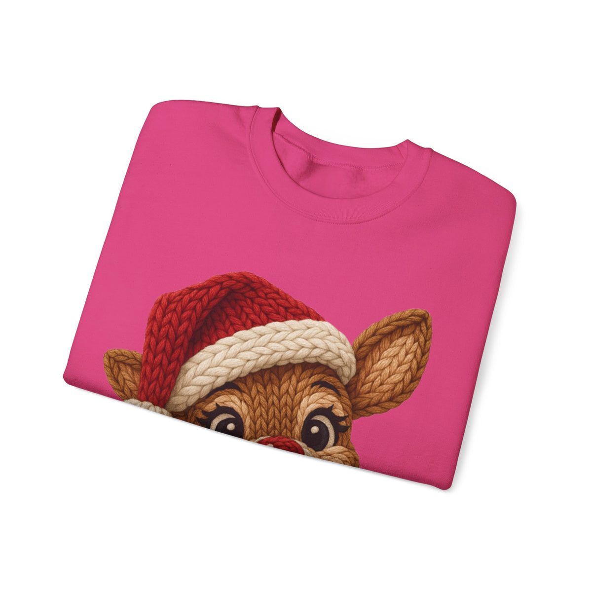 Cute Rudolph Faux Knit Look Reindeer w/Santa Hat – Gildan Heavy Blend | Trendy Women’s Soft Sweatshirt. Direct to Garment. Printed & Shipped in the USA. Unisex Sizes.