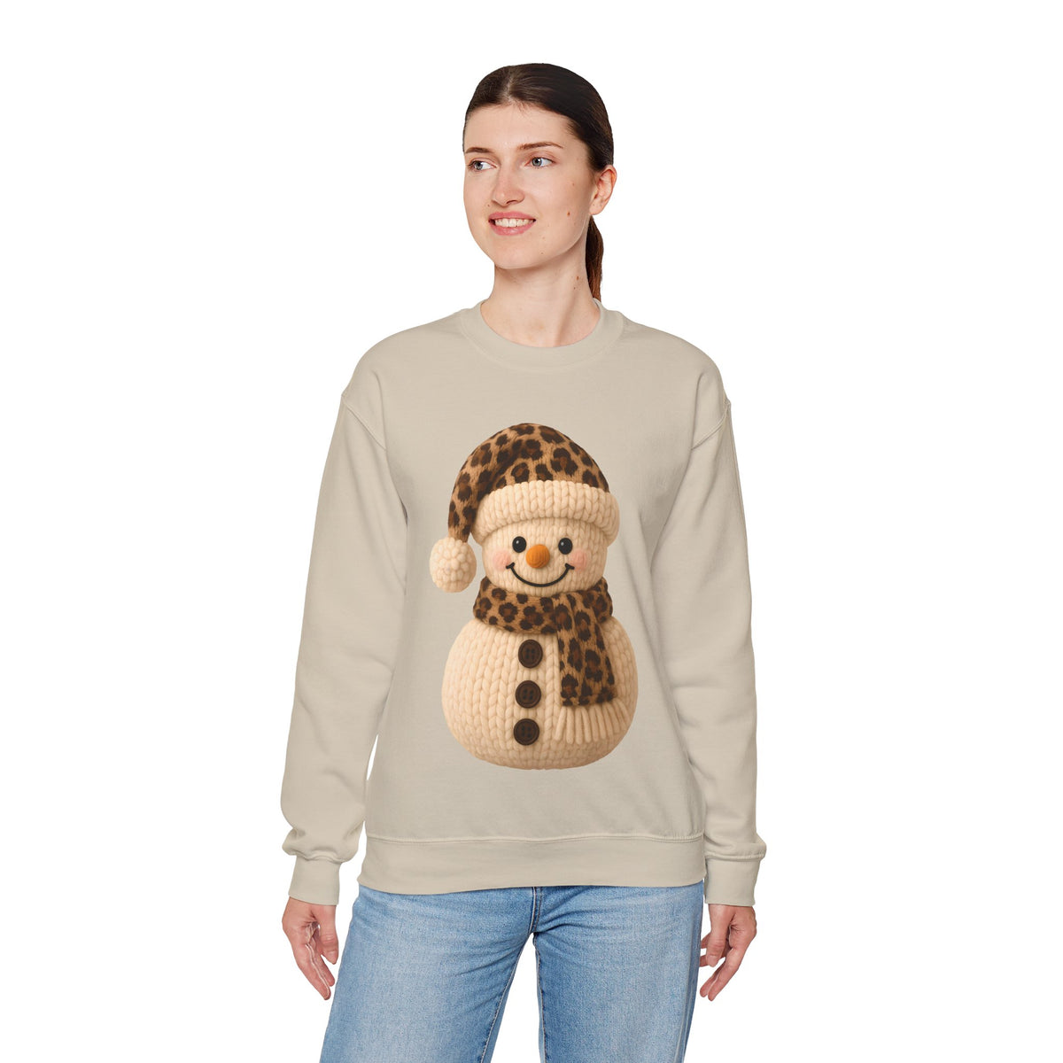 Cute Leopard Faux Knit Snowman Winter – Gildan Heavy Blend | Trendy Women’s Soft Sweatshirt. Direct to Garment. Printed & Shipped in the USA. Unisex Sizes.