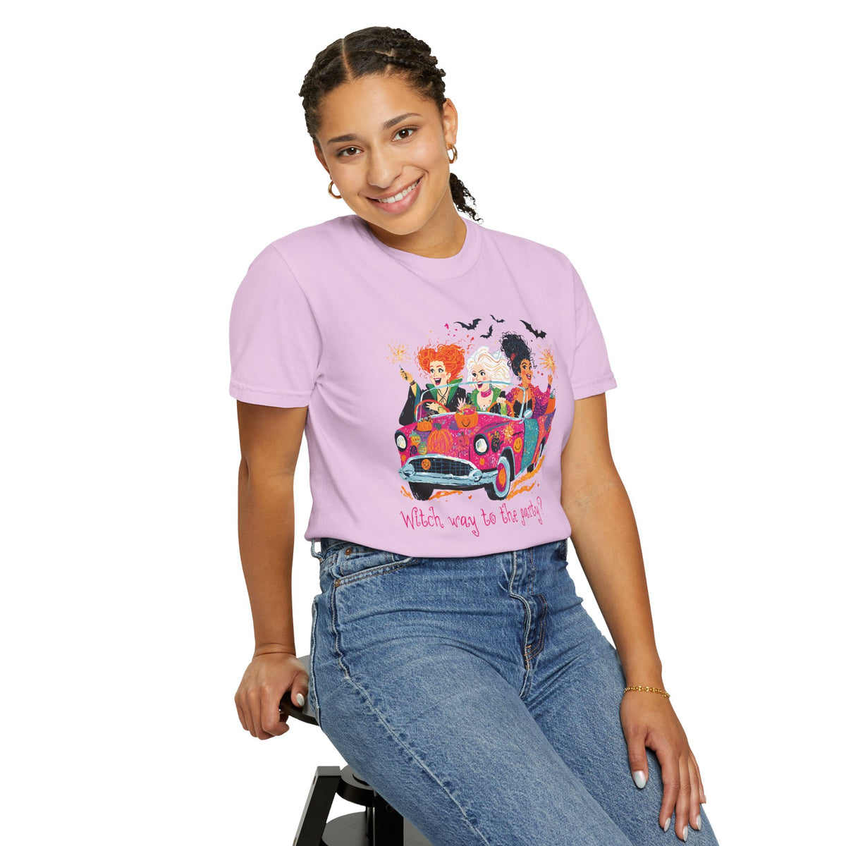 Witch Way to the Party? - Comfort Colors | Trendy Women's T-Shirt. Direct to Garment. Printed & Shipped in the USA. Unisex Sizes.