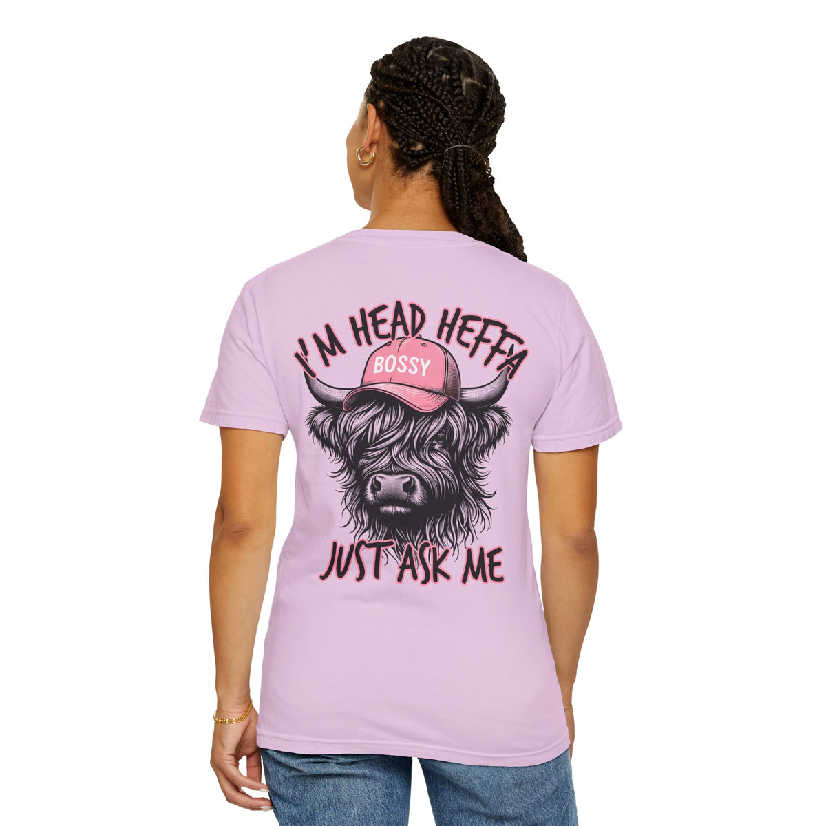 Head Heffa Highland Cow, Front & Back Print - Comfort Colors | Trendy Women's T-Shirt. Direct to Garment. Printed & Shipped in the USA. Unisex Sizes.