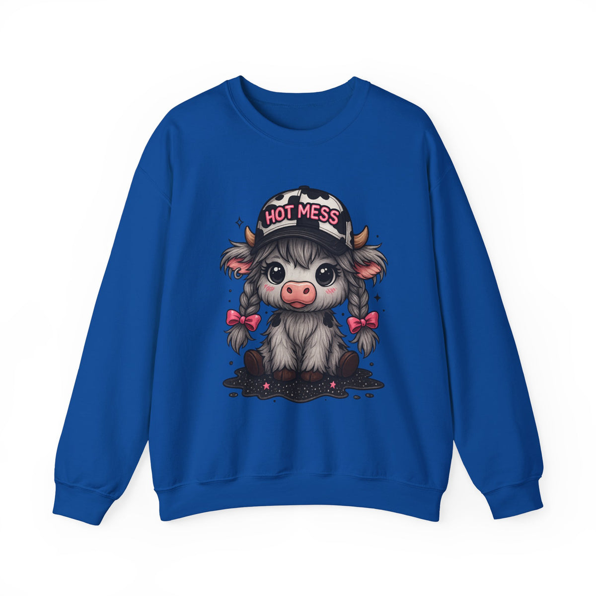 Cute Highland Cow 'Hot Mess' In Braids – Gildan Heavy Blend | Trendy Women’s Soft Sweatshirt. Direct to Garment. Printed & Shipped in the USA. Unisex Sizes.