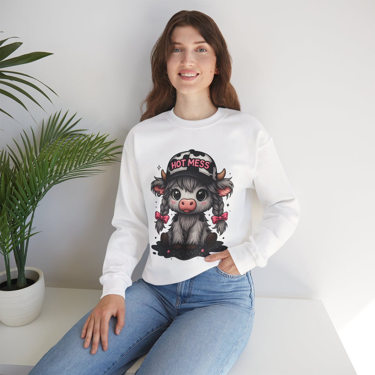 Cute Highland Cow 'Hot Mess' In Braids – Gildan Heavy Blend | Trendy Women’s Soft Sweatshirt. Direct to Garment. Printed & Shipped in the USA. Unisex Sizes.
