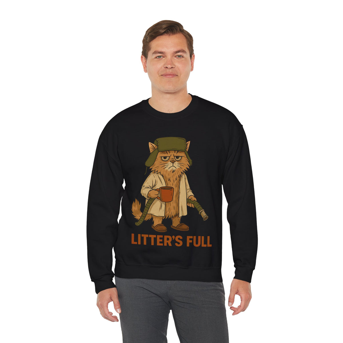 Litter's Full, Funny Cat – Gildan Heavy Blend | Trendy Men's and Women’s Soft Sweatshirt. Direct to Garment. Printed & Shipped in the USA. Unisex Sizes.