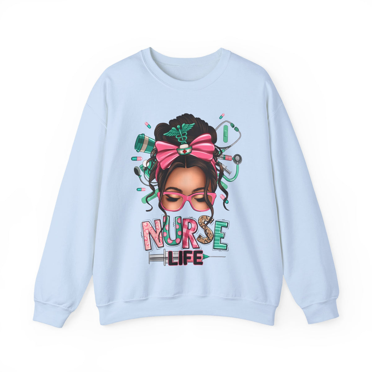 Nurse Life Messy Bun, Cute Stethoscope & Syringe – Gildan Heavy Blend | Trendy Women’s Soft Sweatshirt. Direct to Garment. Printed & Shipped in the USA. Unisex Sizes.