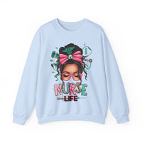 Nurse Life Messy Bun, Cute Stethoscope & Syringe – Gildan Heavy Blend | Trendy Women’s Soft Sweatshirt. Direct to Garment. Printed & Shipped in the USA. Unisex Sizes.