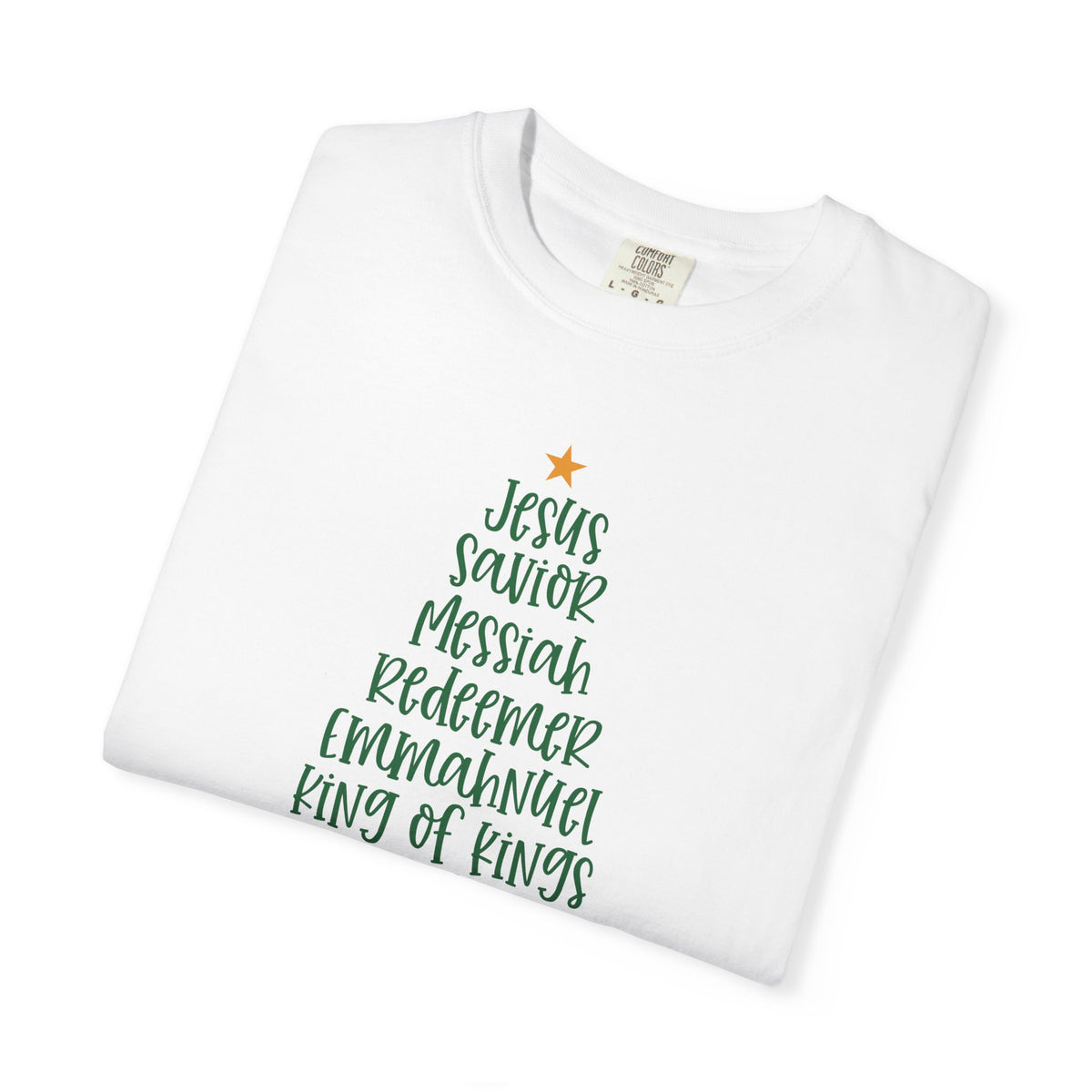 Jesus Name Christmas Tree - Comfort Colors | Trendy Women's T-Shirt. Direct to Garment. Printed & Shipped in the USA. Unisex Sizes.