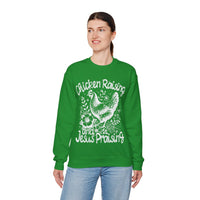 Chicken Raising and Jesus Praising – Gildan Heavy Blend | Trendy Men's and Women’s Soft Sweatshirt. Direct to Garment. Printed & Shipped in the USA. Unisex Sizes.