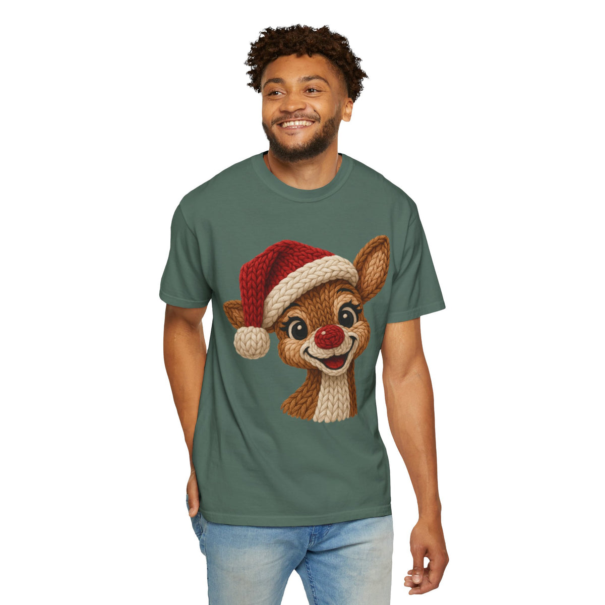 Cute Rudolph Faux Knit Look Reindeer w/Santa Hat - Comfort Colors | Trendy Women's T-Shirt. Direct to Garment. Printed & Shipped in the USA. Unisex Sizes.