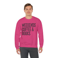 Weekends, Coffee & Books, Vintage – Gildan Heavy Blend | Trendy Women’s and Men's Soft Sweatshirt. Direct to Garment. Printed & Shipped in the USA. Unisex Sizes.