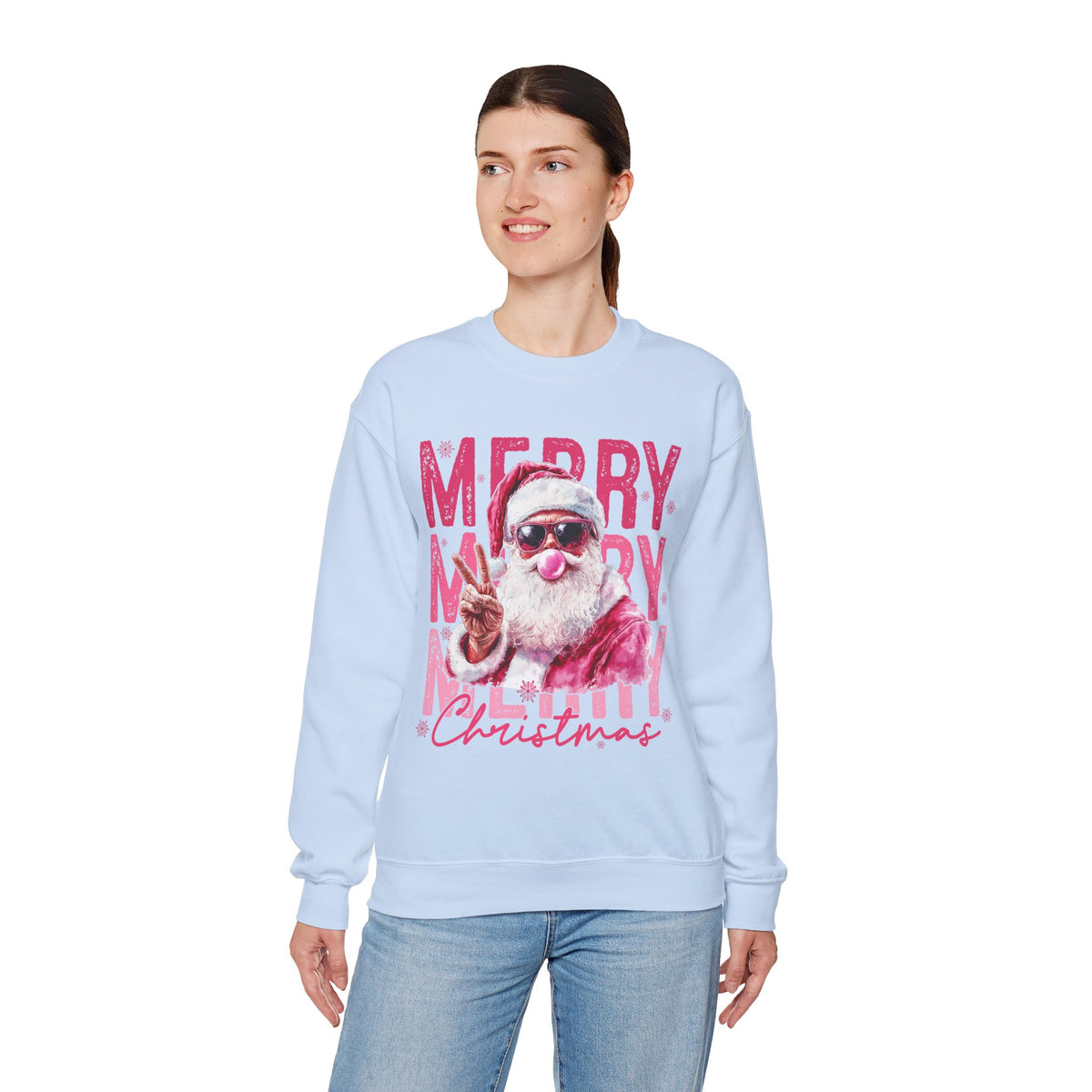 Pink Merry Christmas Bubblegum Santa – Gildan Heavy Blend | Trendy Women’s Soft Sweatshirt. Direct to Garment. Printed & Shipped in the USA. Unisex Sizes.