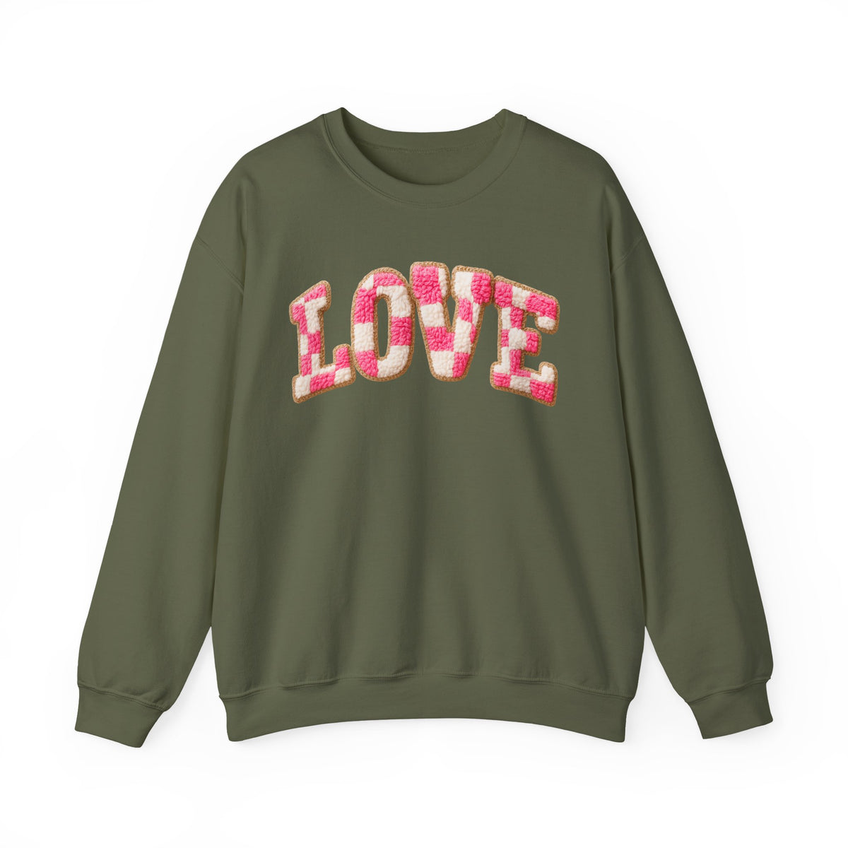 Faux Crochet Checkered LOVE – Gildan Heavy Blend | Trendy Women’s Soft Sweatshirt. Direct to Garment. Printed & Shipped in the USA. Unisex Sizes.