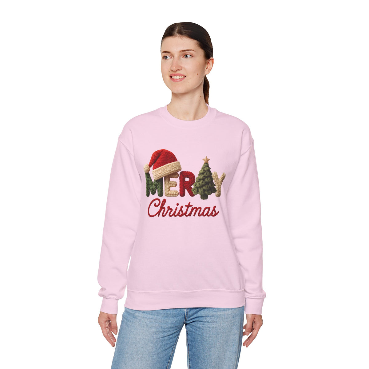 Merry Christmas Faux Yarn w/Santa Hat & Tree – Gildan Heavy Blend | Trendy Women’s Soft Sweatshirt. Direct to Garment. Printed & Shipped in the USA. Unisex Sizes.