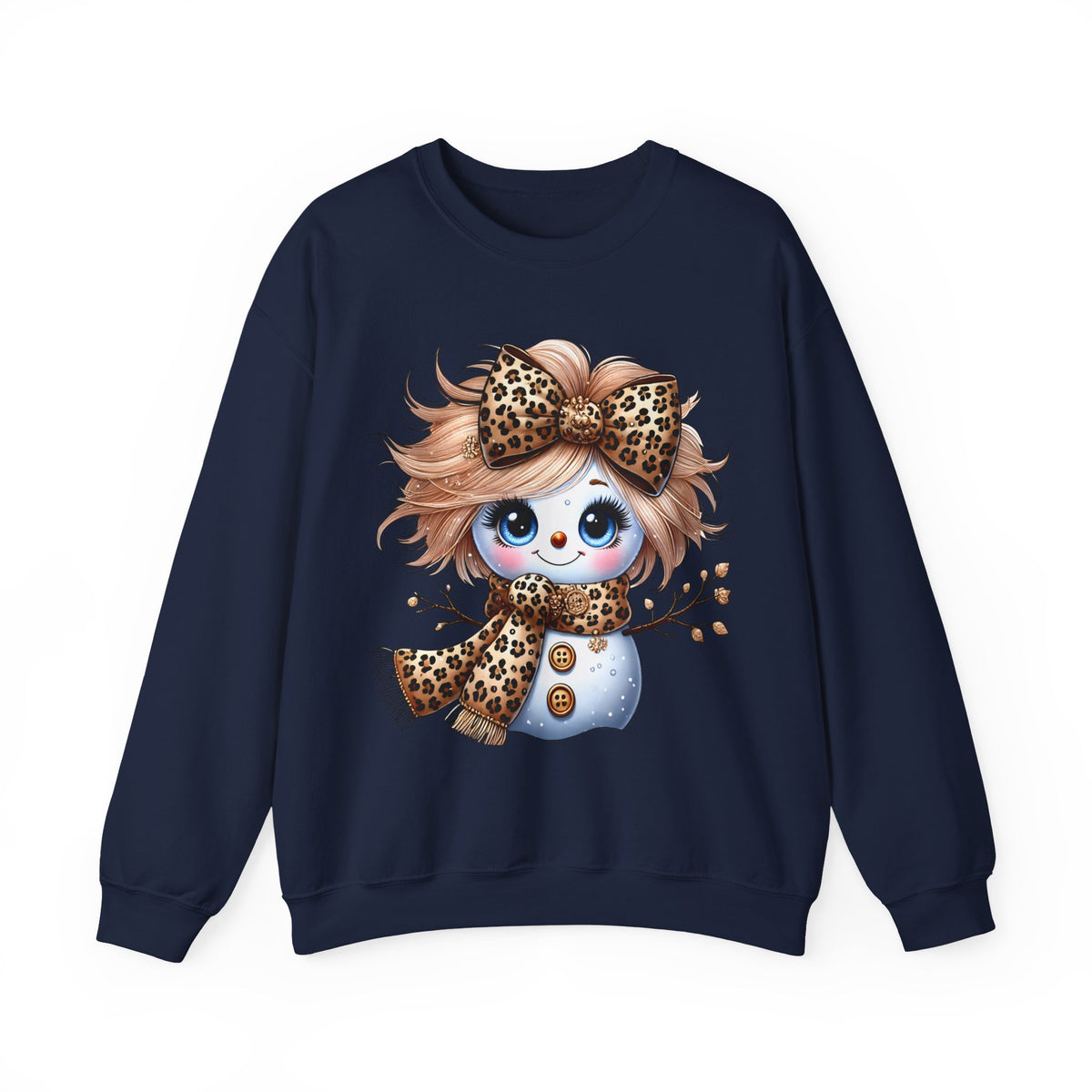 Snowgirl Cute Leopard Bow Snowman, Winter Cozy – Gildan Heavy Blend | Trendy Women’s Soft Sweatshirt. Direct to Garment. Printed & Shipped in the USA. Unisex Sizes.