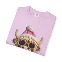 Faux Crochet Highland Cow Bubblegum - Comfort Colors | Trendy Women's T-Shirt. Direct to Garment. Printed & Shipped in the USA. Unisex Sizes.