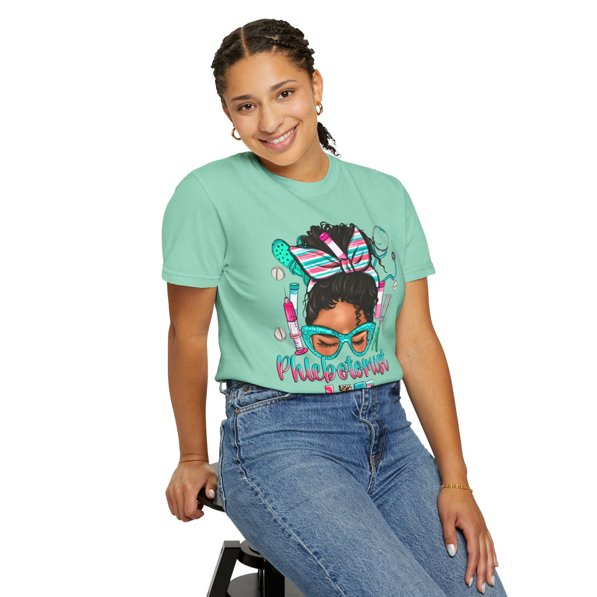 Phlebotomist Life, Messy Bun - Comfort Colors | Trendy Women's T-Shirt. Direct to Garment. Printed & Shipped in the USA. Unisex Sizes.