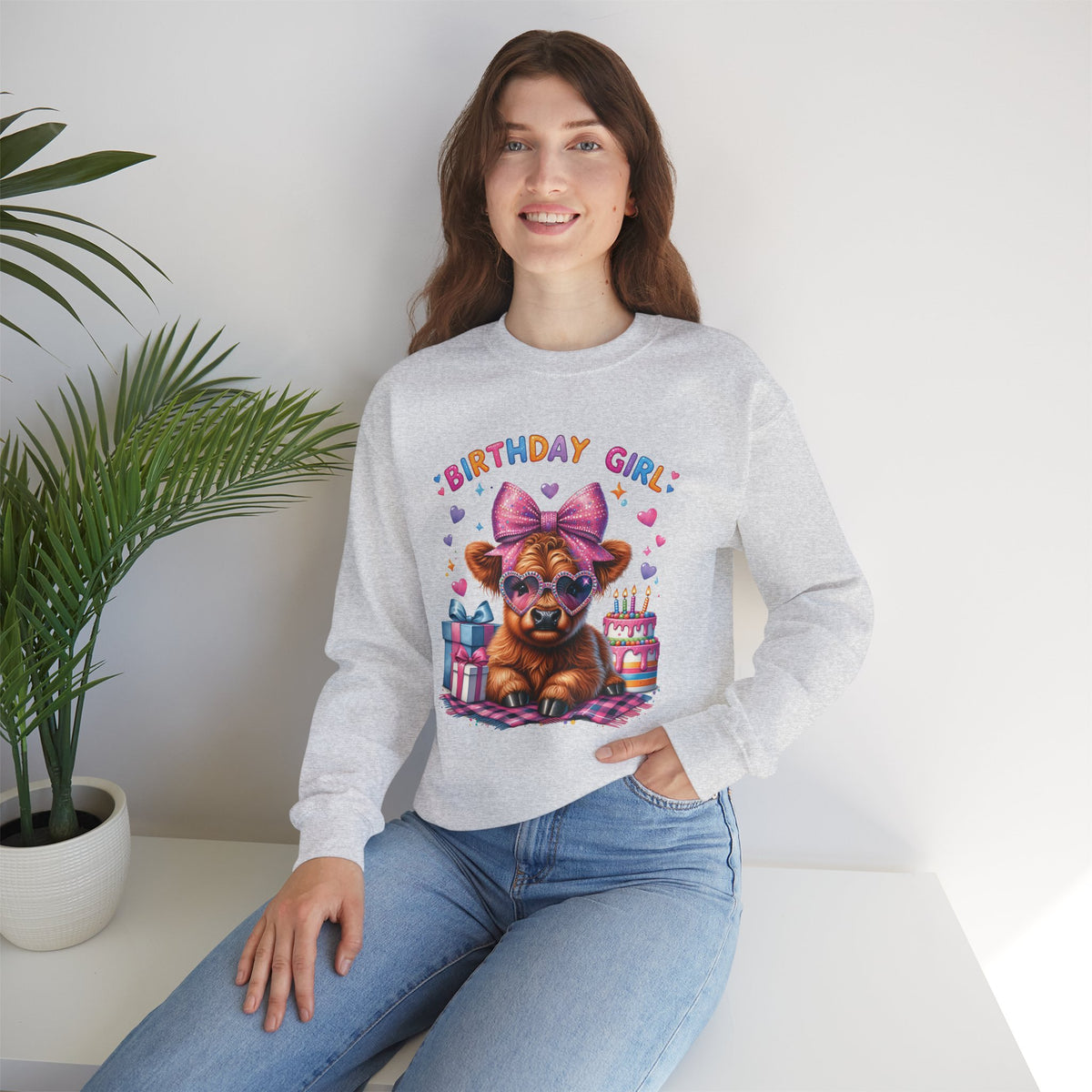 Birthday Girl, Highland Cow – Gildan Heavy Blend | Trendy Women’s Soft Sweatshirt. Direct to Garment. Printed & Shipped in the USA. Unisex Sizes.