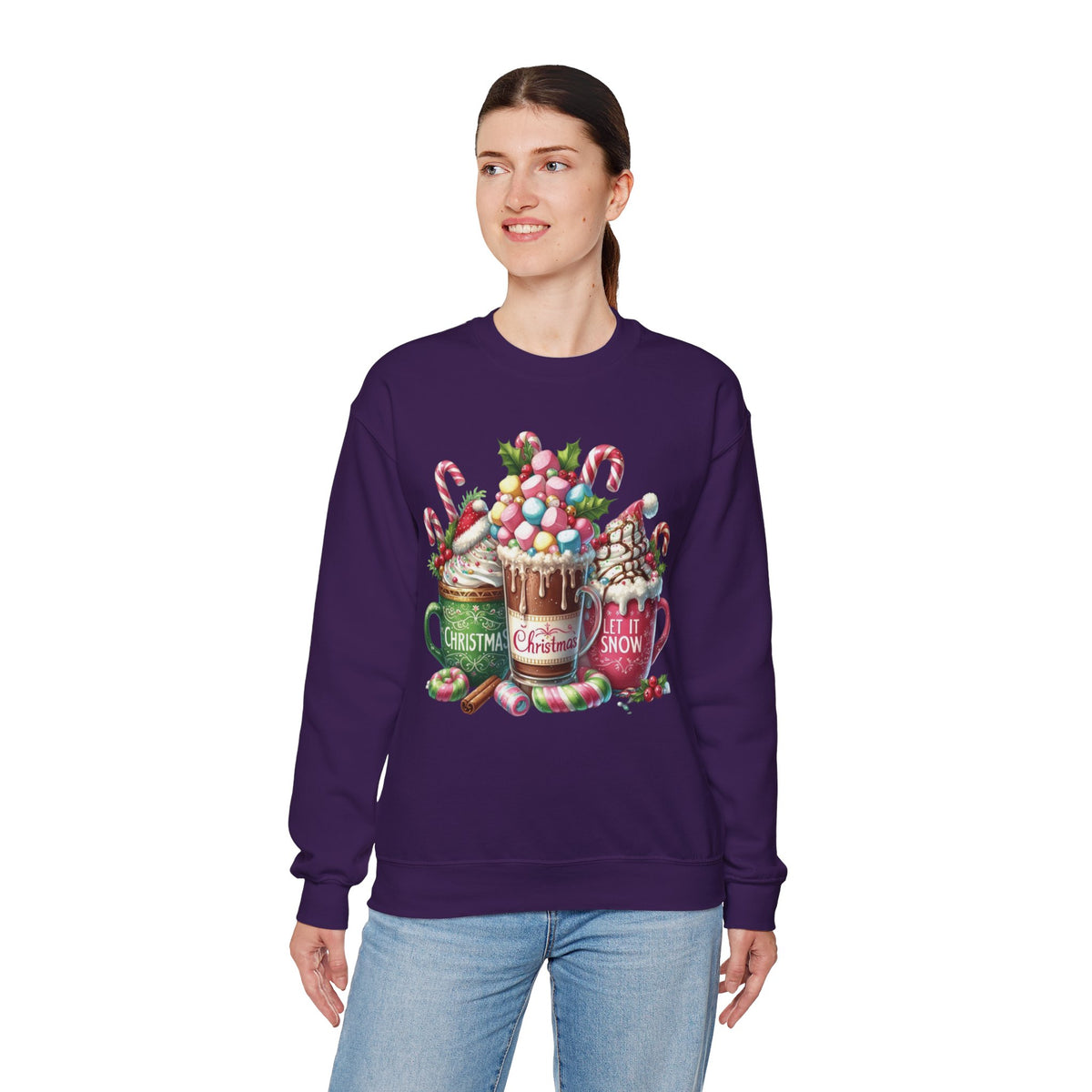 Hot Chocolate Mugs Christmas Hot Cocoa – Gildan Heavy Blend | Trendy Women’s Soft Sweatshirt. Direct to Garment. Printed & Shipped in the USA. Unisex Sizes.