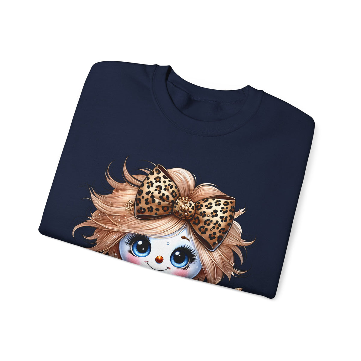 Snowgirl Cute Leopard Bow Snowman, Winter Cozy – Gildan Heavy Blend | Trendy Women’s Soft Sweatshirt. Direct to Garment. Printed & Shipped in the USA. Unisex Sizes.