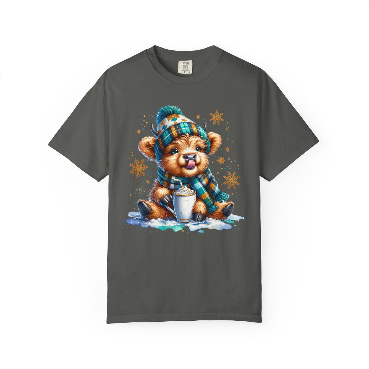 Winter Baby Highland Cow with Cocoa  - Comfort Colors | Trendy Women's T-Shirt. Direct to Garment. Printed & Shipped in the USA. Unisex Sizes.