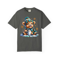 Winter Baby Highland Cow with Cocoa  - Comfort Colors | Trendy Women's T-Shirt. Direct to Garment. Printed & Shipped in the USA. Unisex Sizes.