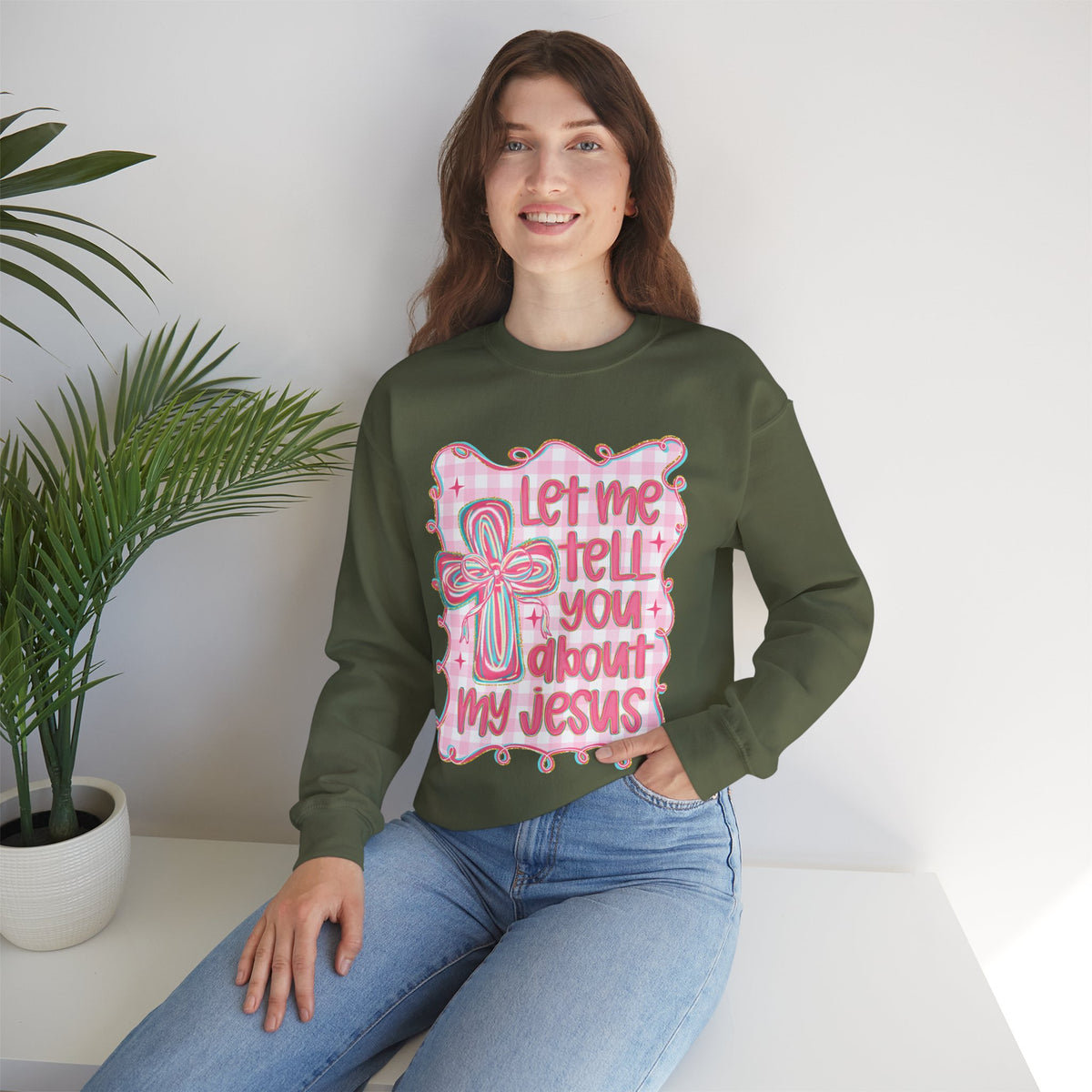 Let Me Tell You About My Jesus, Pink and Green – Gildan Heavy Blend | Trendy Women’s Soft Sweatshirt. Direct to Garment. Printed & Shipped in the USA. Unisex Sizes.