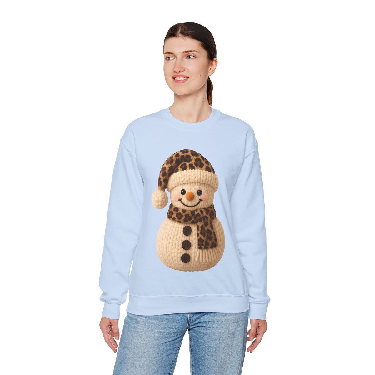 Cute Leopard Faux Knit Snowman Winter – Gildan Heavy Blend | Trendy Women’s Soft Sweatshirt. Direct to Garment. Printed & Shipped in the USA. Unisex Sizes.