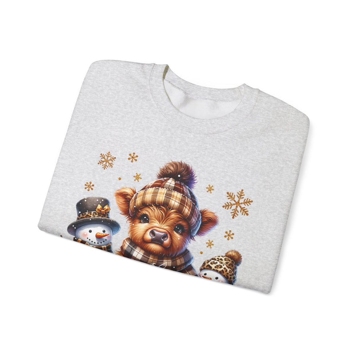 Cute Highland Cow with Snowmen, Winter – Gildan Heavy Blend | Trendy Women’s Soft Sweatshirt. Direct to Garment. Printed & Shipped in the USA. Unisex Sizes.