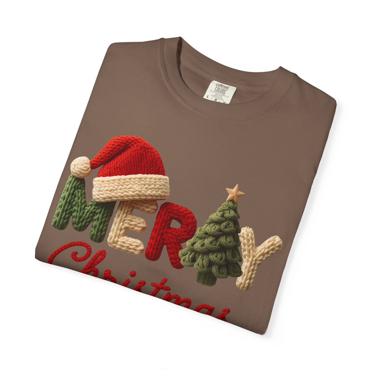 Merry Christmas Faux Yarn w/Santa Hat & Tree - Comfort Colors | Trendy Women's T-Shirt. Direct to Garment. Printed & Shipped in the USA. Unisex Sizes.