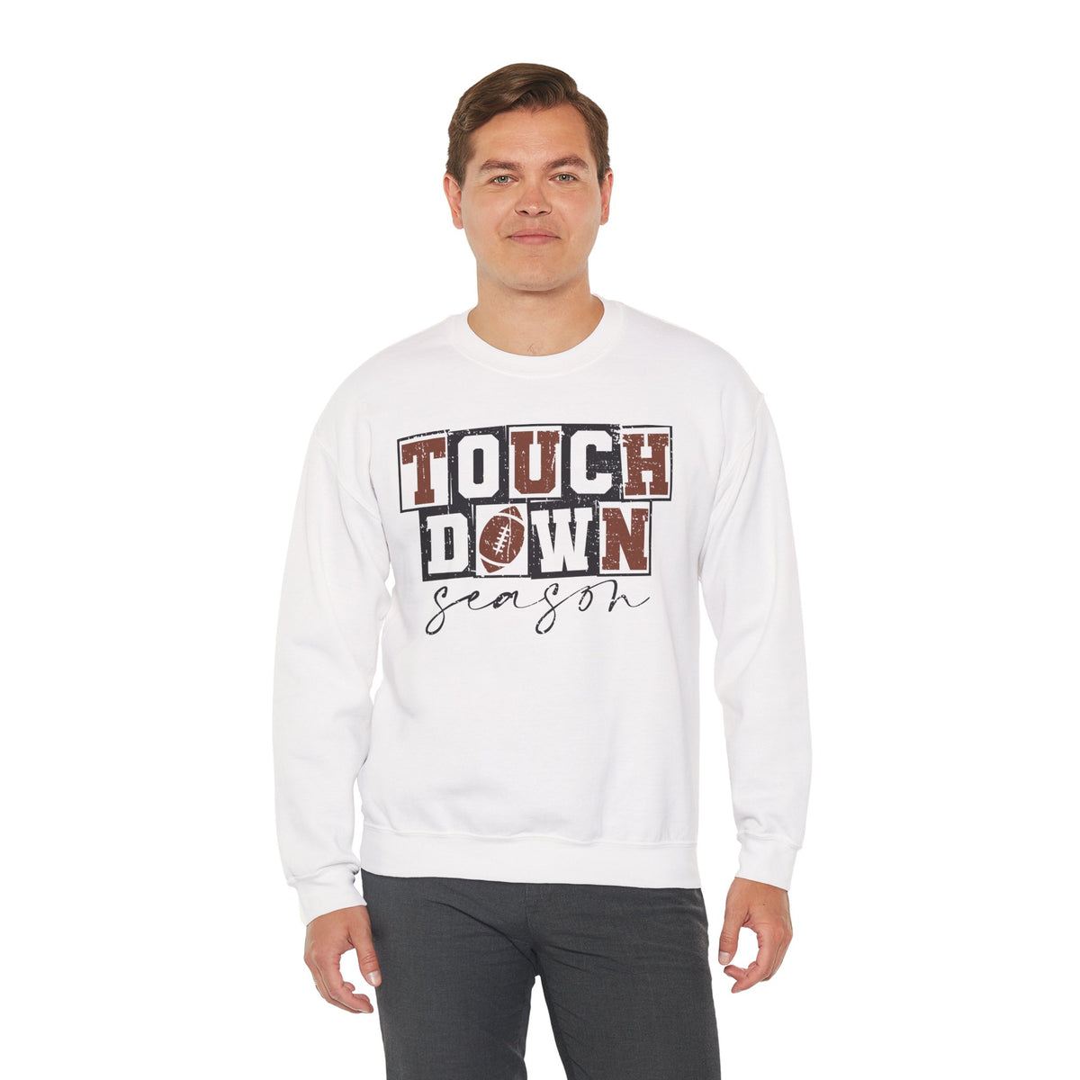 Touchdown Season - Distressed – Gildan Heavy Blend | Trendy Men's and Women’s Soft Sweatshirt. Direct to Garment. Printed & Shipped in the USA. Unisex Sizes.