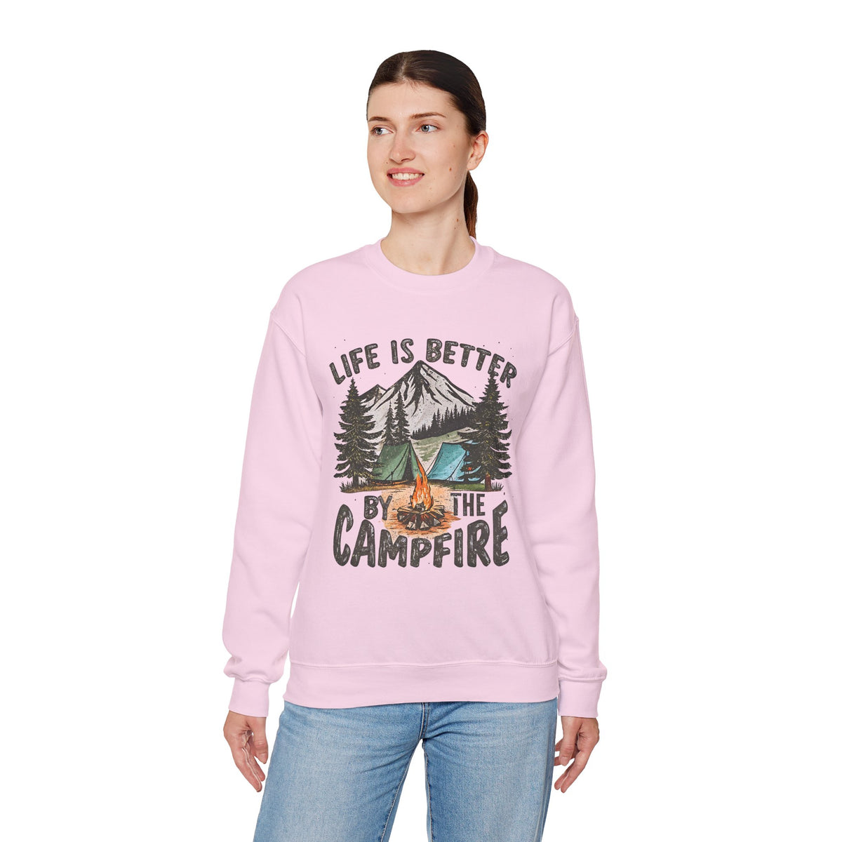 Life is Better By the Campfire – Gildan Heavy Blend | Trendy Women’s and Men's Soft Sweatshirt. Direct to Garment. Printed & Shipped in the USA. Unisex Sizes.