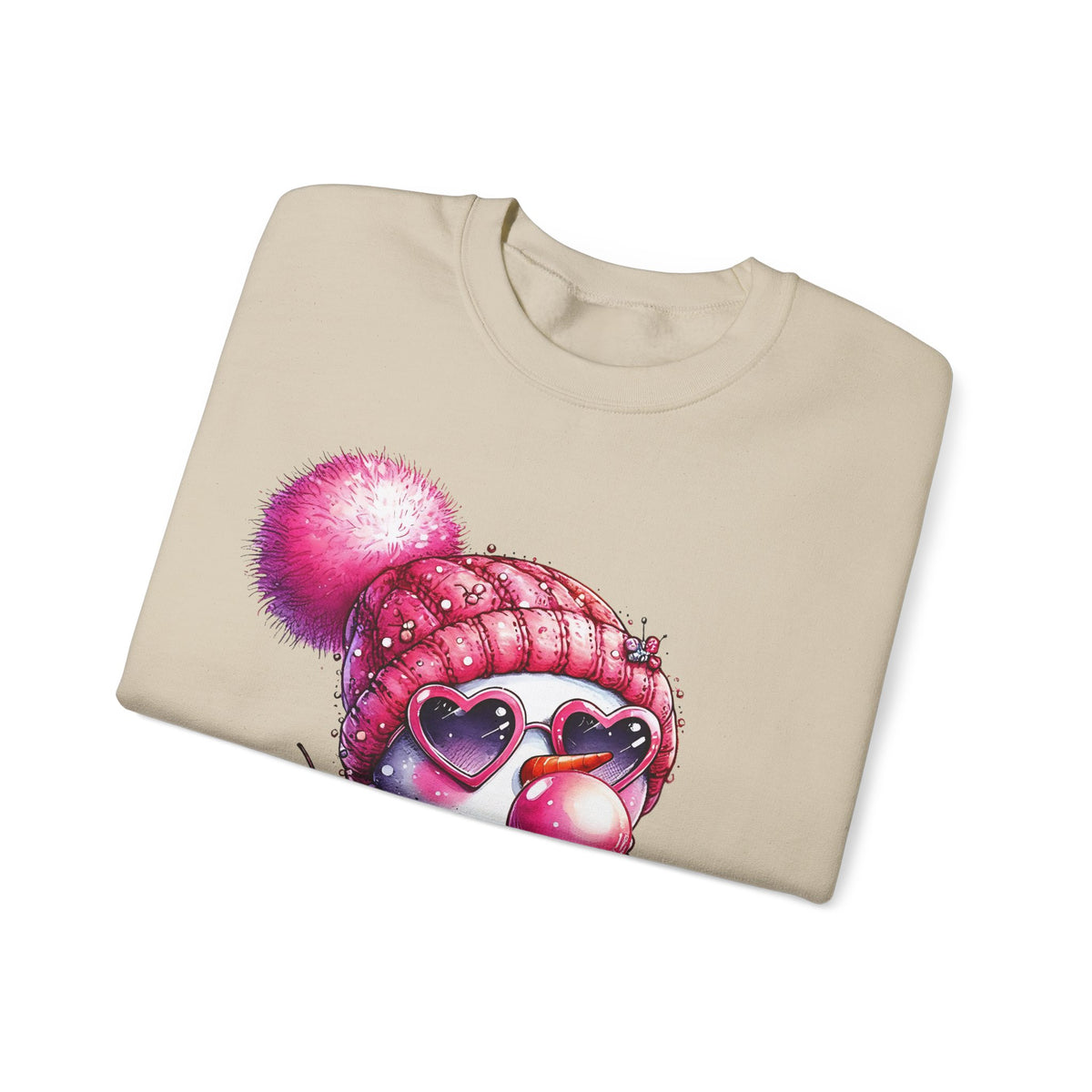 Pink Girly Snowman with Heart Sunglasses and Bubblegum Winter – Gildan Heavy Blend | Trendy Women’s Soft Sweatshirt. Direct to Garment. Printed & Shipped in the USA. Unisex Sizes.