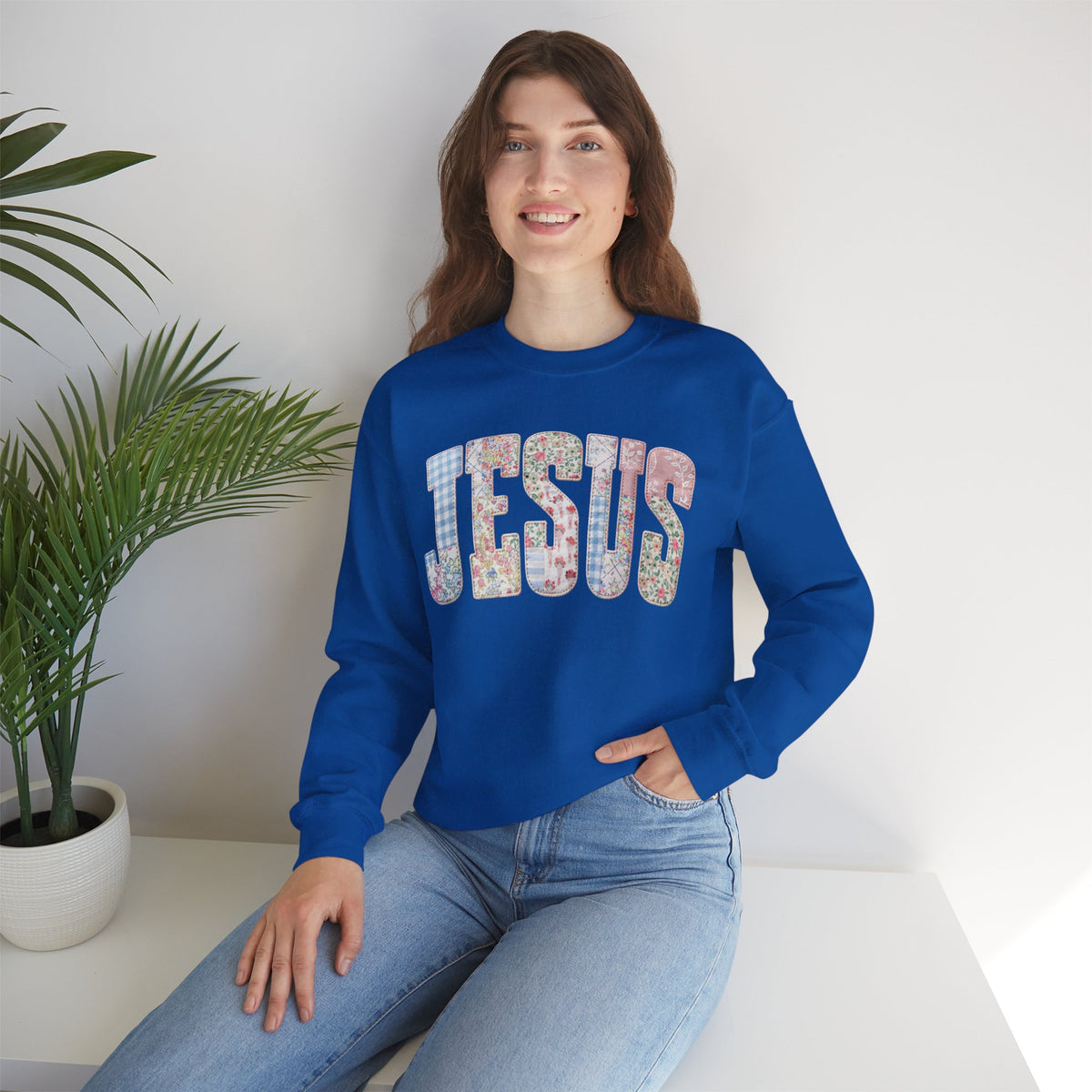 Jesus faux Patchwork – Gildan Heavy Blend | Trendy Women’s Soft Sweatshirt. Direct to Garment. Printed & Shipped in the USA. Unisex Sizes.