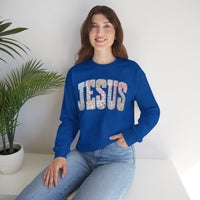 Jesus faux Patchwork – Gildan Heavy Blend | Trendy Women’s Soft Sweatshirt. Direct to Garment. Printed & Shipped in the USA. Unisex Sizes.